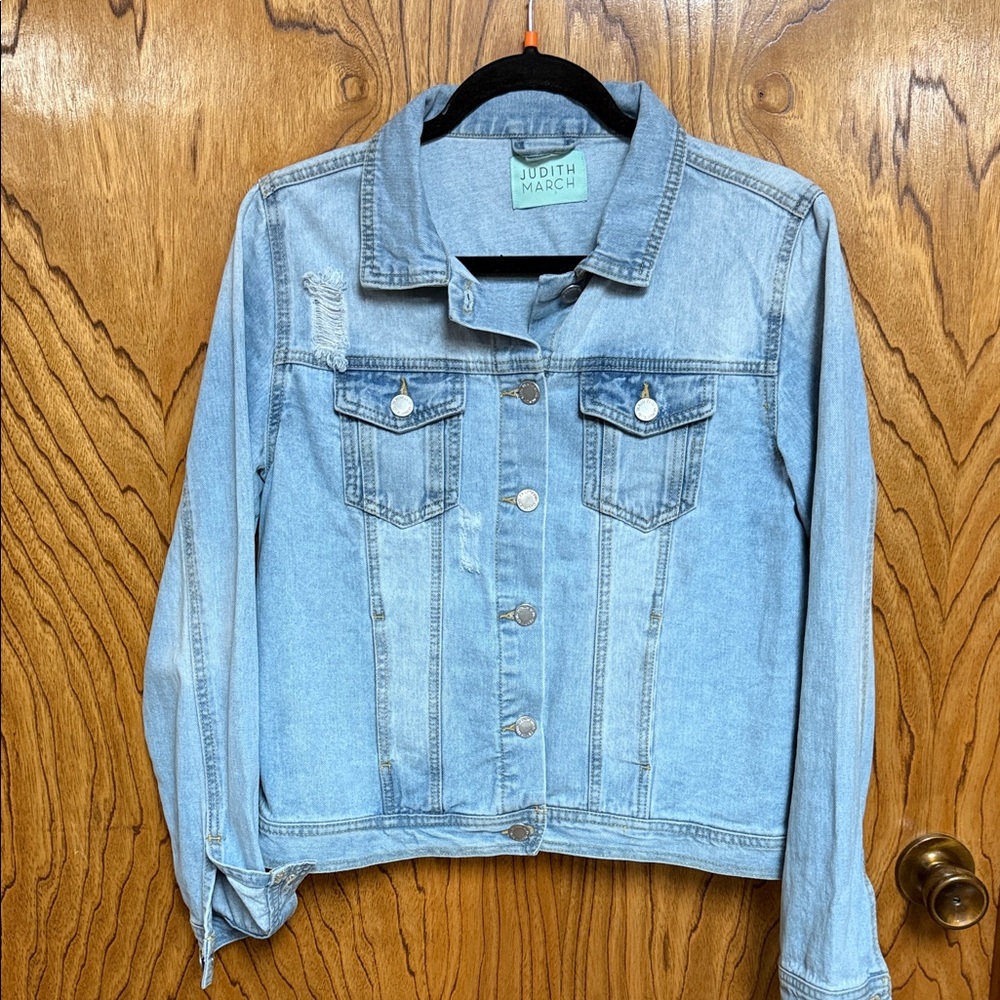 Judith March Sky Blue Jean Jacket With Red Lips On Back Large